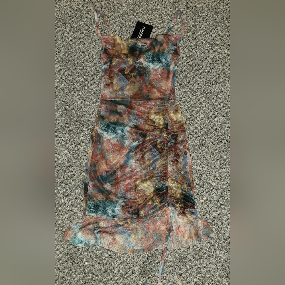 Prettylittlething Multi Tie Dye Print Mesh Ruched Bodycon Mini Dress Size 0